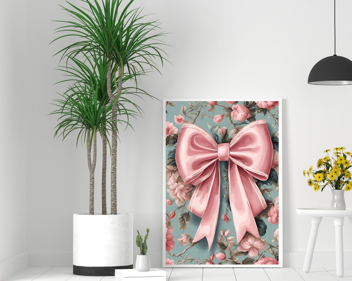 Elegant Pink Satin Bow On Teal Floral Chintz Background Poster - Image 2