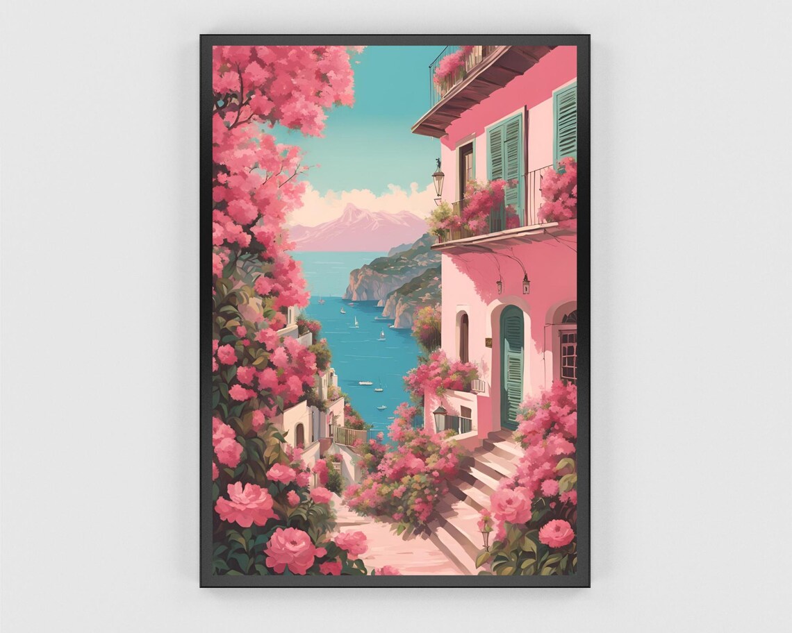 Amalfi Coast Bougainvillea and Blue Sea View Travel Decor Poster - Image 3
