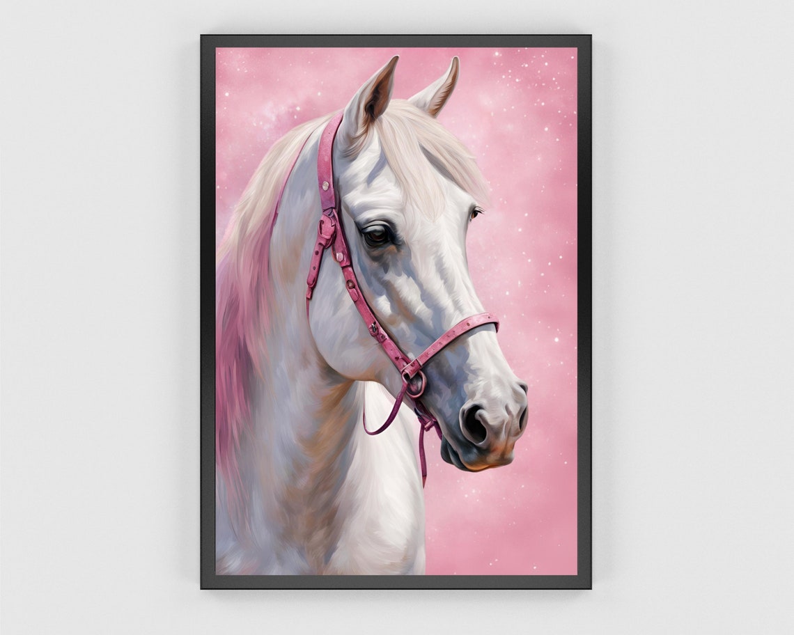 White Horse With Pink Bridle On Sparkling Pink Background Poster - Image 3