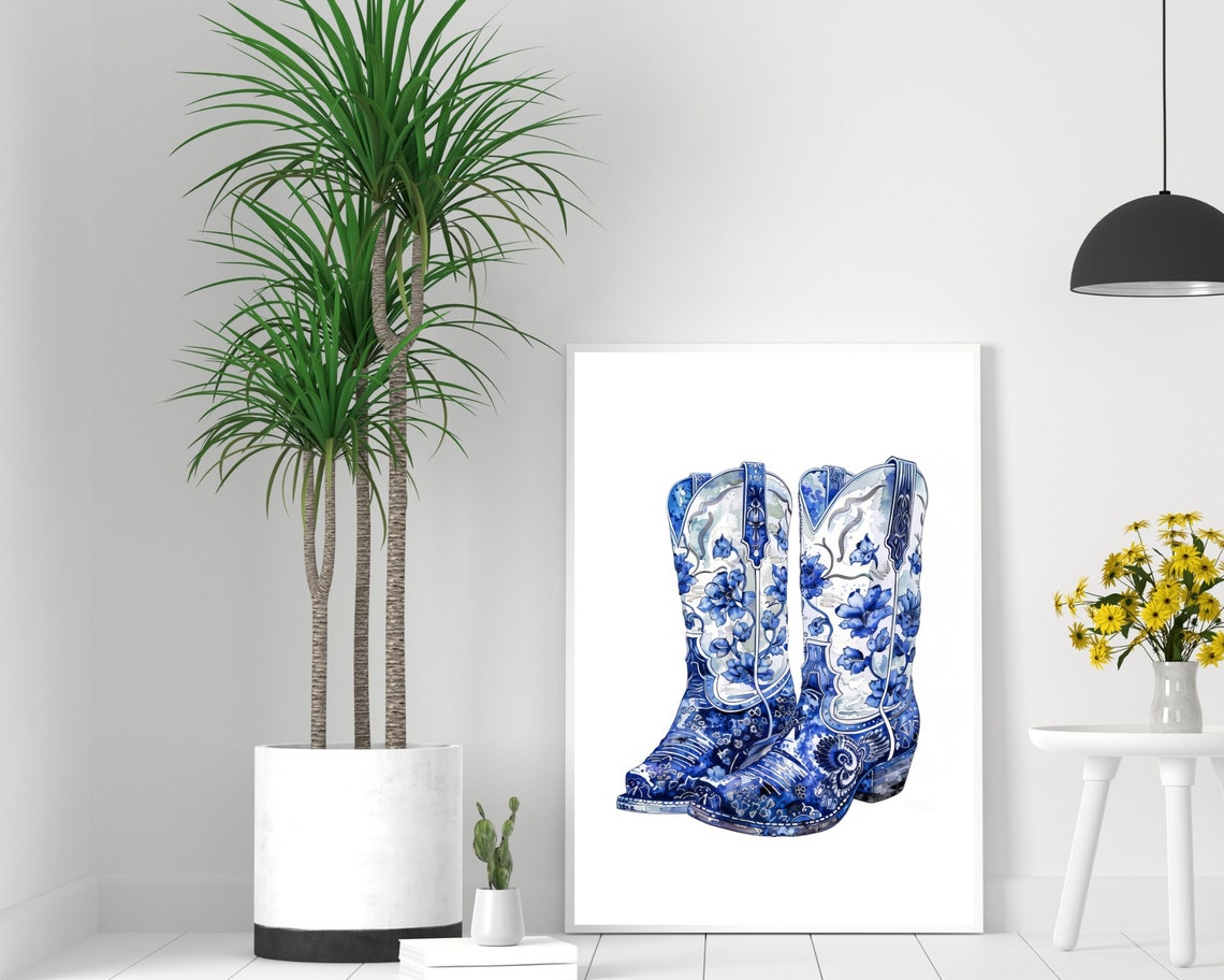 Pair Of Blue White Chinoiserie Floral Cowboy Boots Art Poster - Image 2