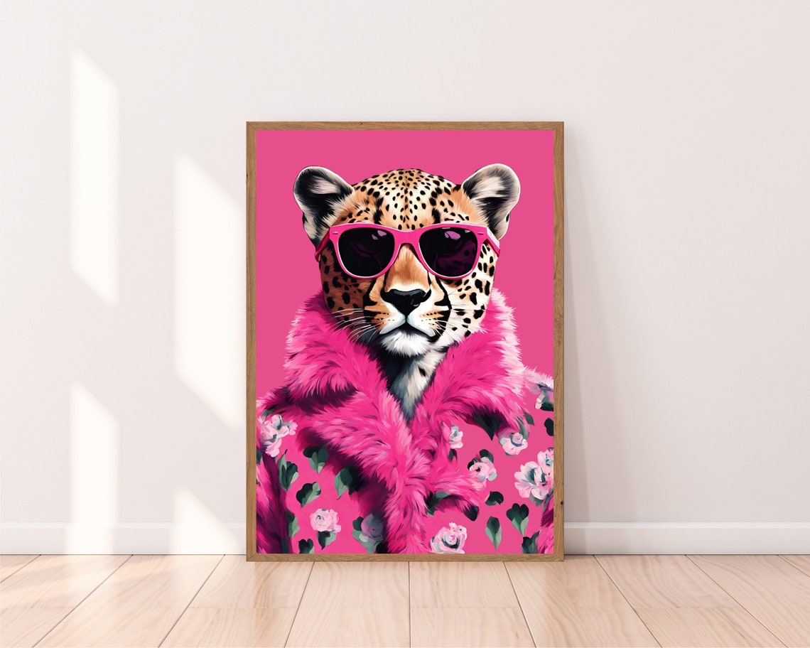 Cheetah Pink Fur Coat Sunglasses Bold Pop Art Animal Portrait Poster - Image 2