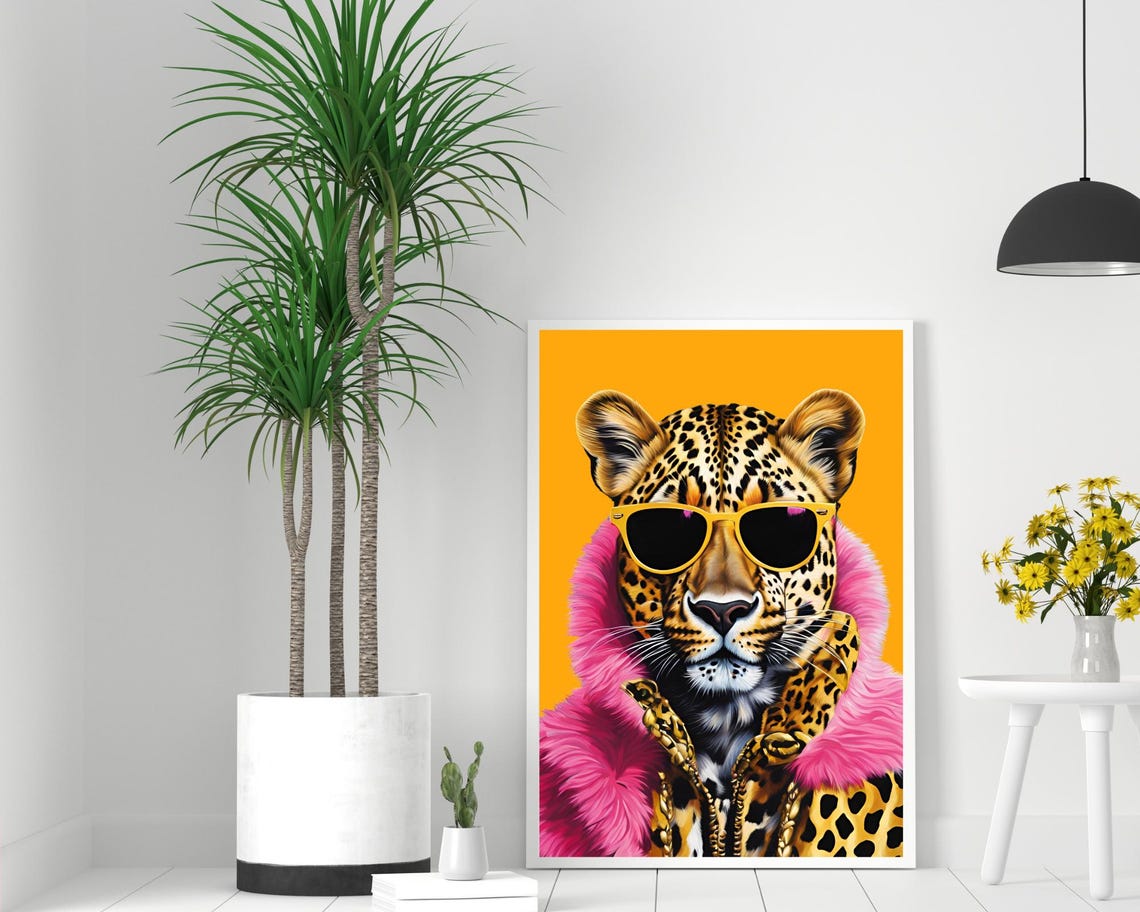 Funky Fashion Leopard Portrait Art Hipster Fashionista Animal Poster Preppy Room Decor Leopard Painting Dopamine Wall Aesthetic - Image 2