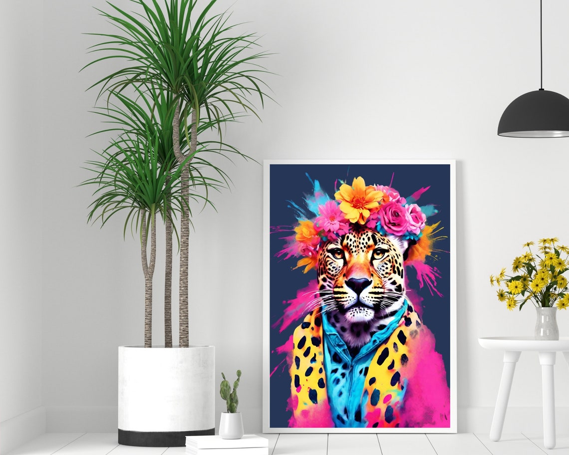 Colorful Leopard Fashion Portrait Print Fashionista Leopard Wall Art Altered Animal Poster Maximalist Leopard Funky Animal Preppy Prints - Image 2