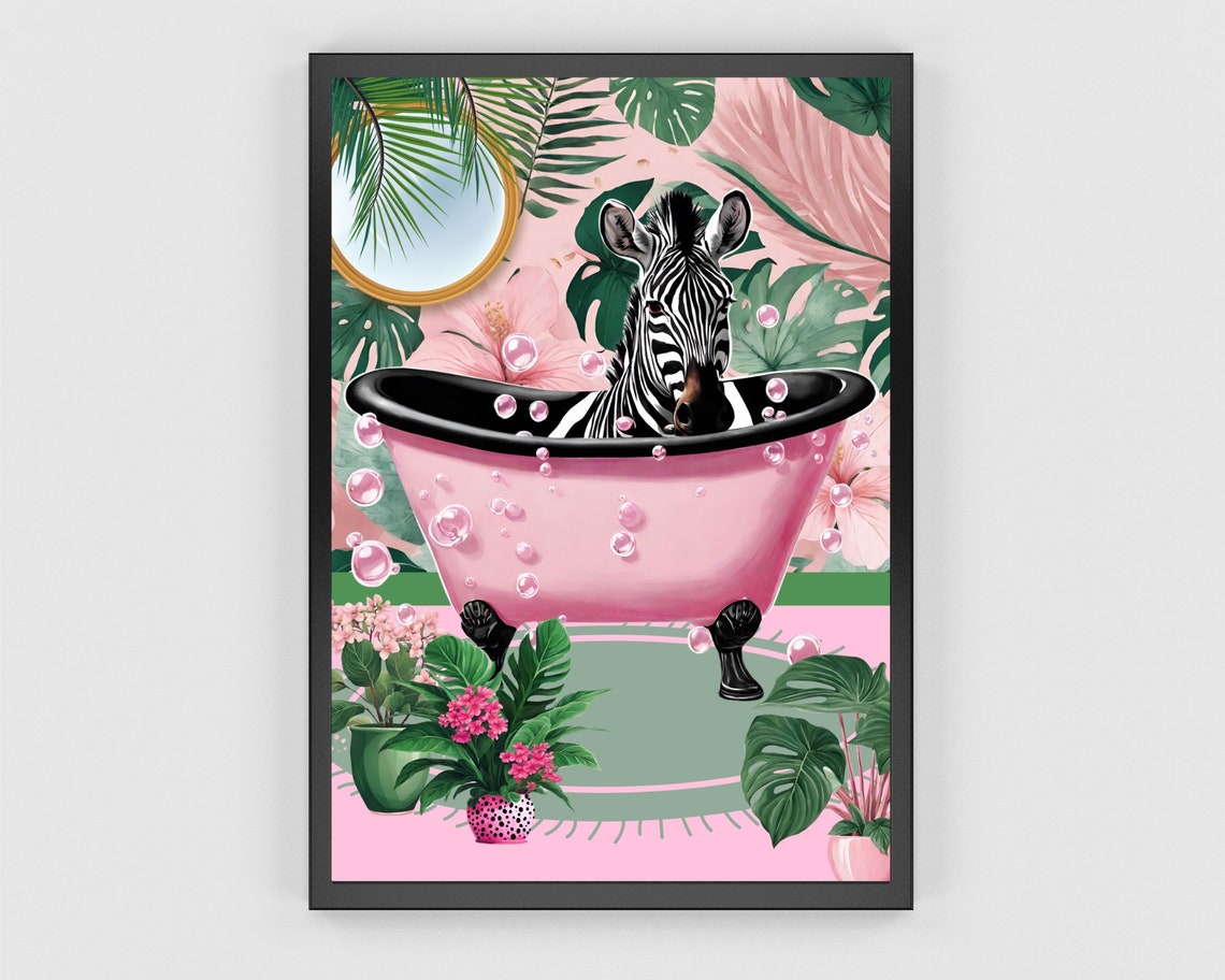 Zebra Pink Bathtub Art Bubble Bath Tropical Bathroom Wall Print - Image 3