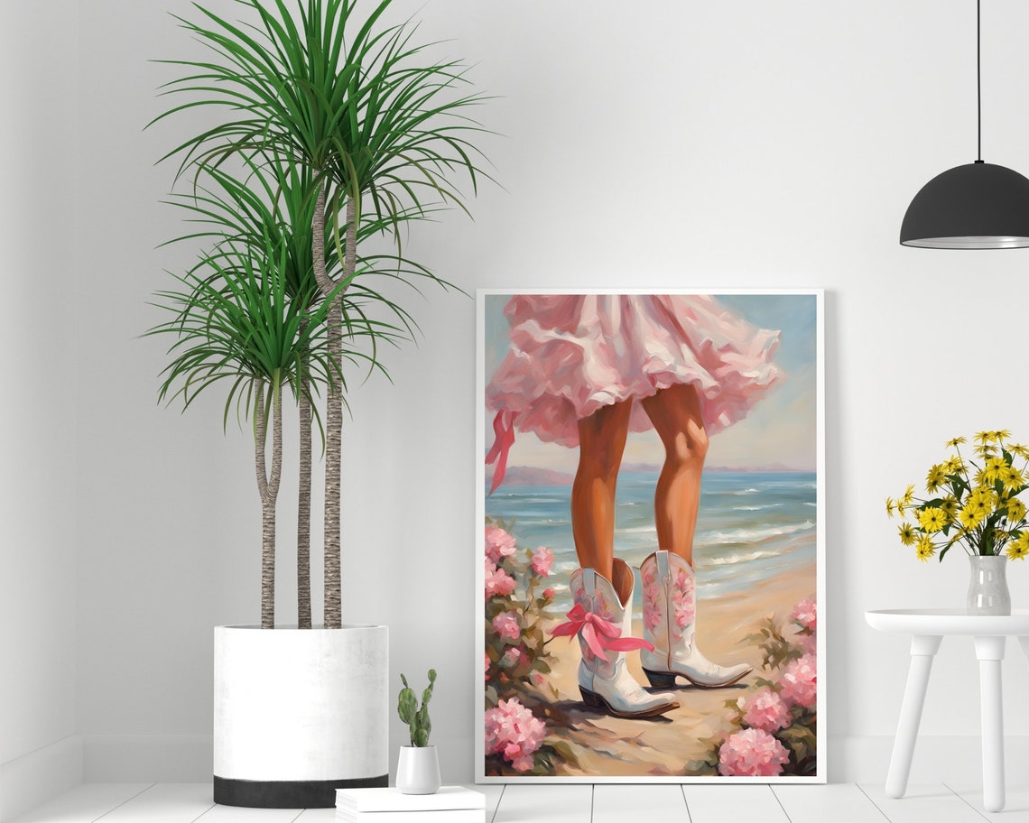 Coastal Cowgirl White Boots Pink Bow Beach Roses Wall Poster - Image 2