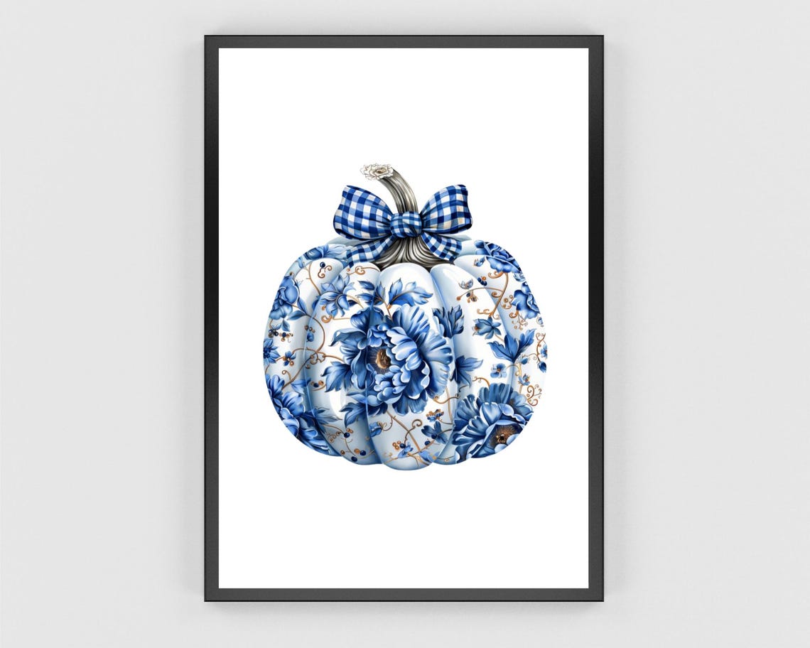 Blue Chinoiserie Floral Pumpkin Gingham Bow Fall Wall Poster - Image 3
