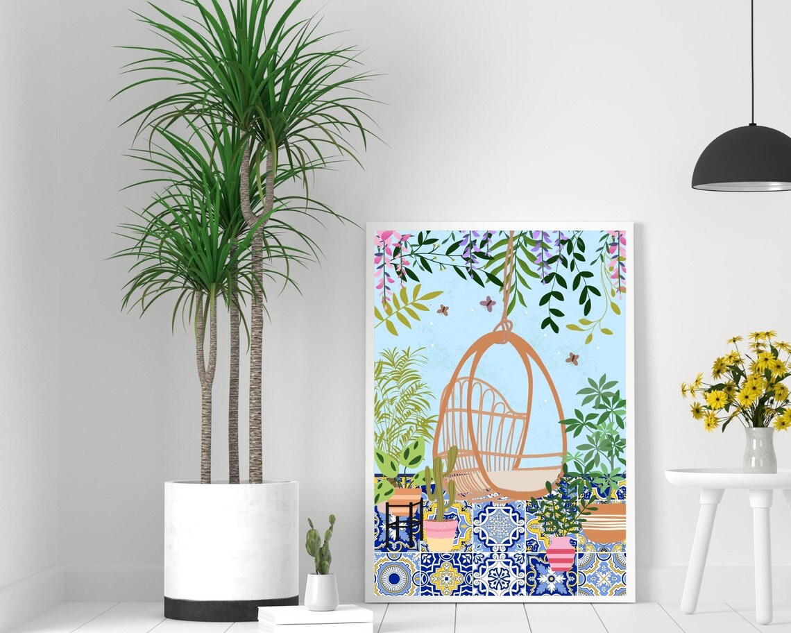 Boho Botanical Rattan Chair Art Print, Eclectic Decor - Image 2