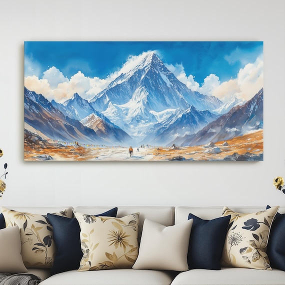 Mount Everest Snowy Himalayan Peak With Prayer Flags Watercolor Poster