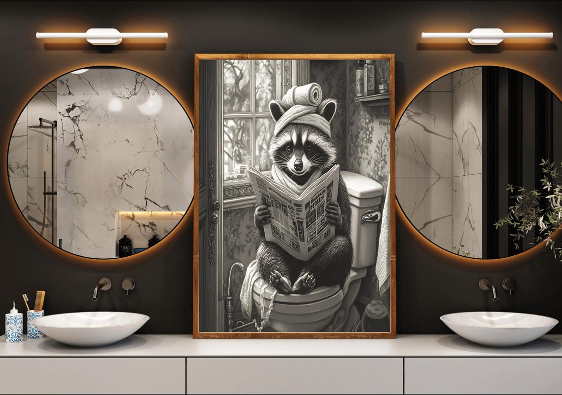 Raccoon with Towel Turban Reading the Newspaper on the Toilet Poster - Image 3
