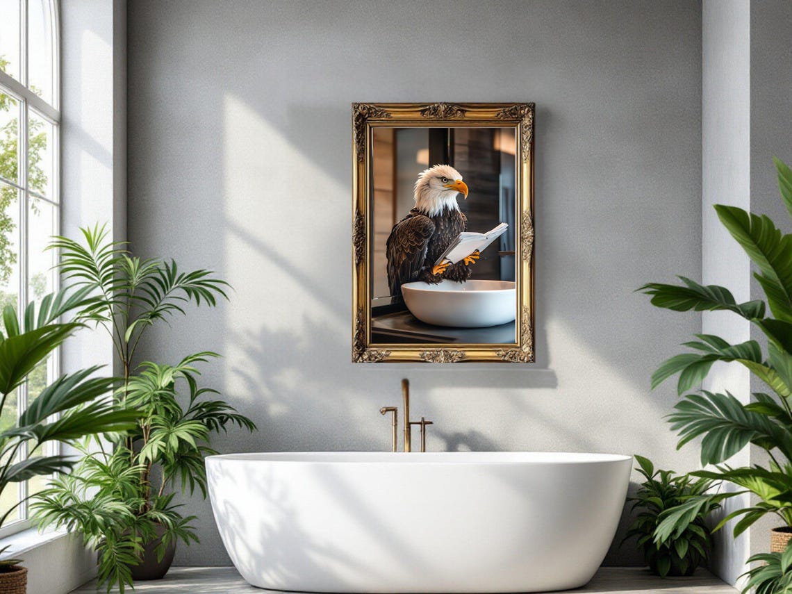 Bald Eagle Perched on a Bathroom Sink Reading a Newspaper Poster - Image 3