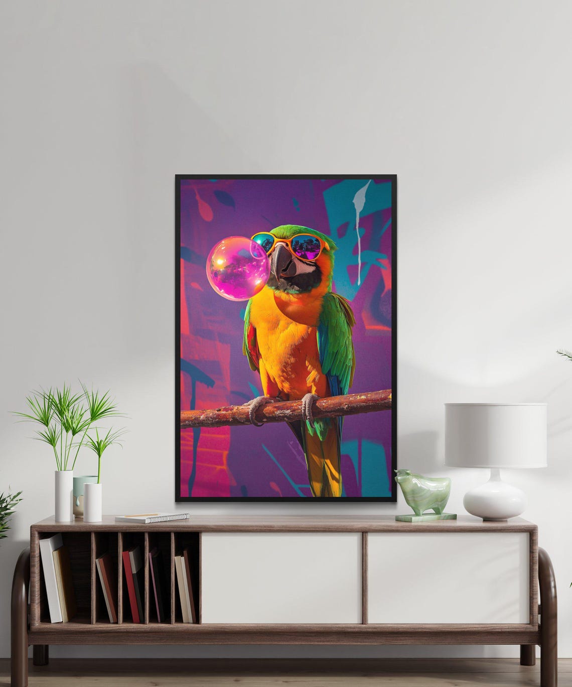 Cheerful Parrot Blowing Pink Bubblegum Bubble With Sunglasses Poster - Image 5