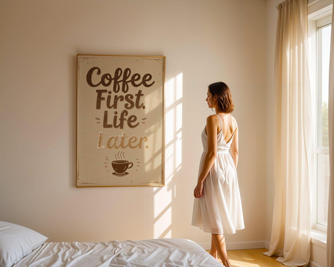 Coffee First Life Later Warm Retro Vintage Coffee Quote Poster - Image 5