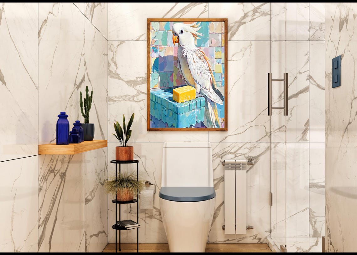 White Cockatoo Perched On Mosaic Tile Ledge With Yellow Soap Poster - Image 2