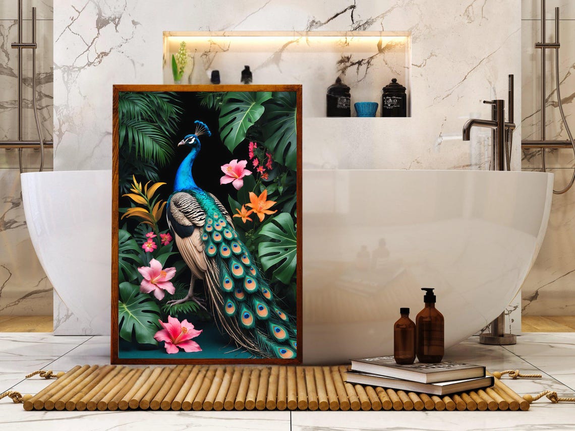 Majestic Peacock Standing Among Pink Hibiscus In A Dark Jungle Poster - Image 5