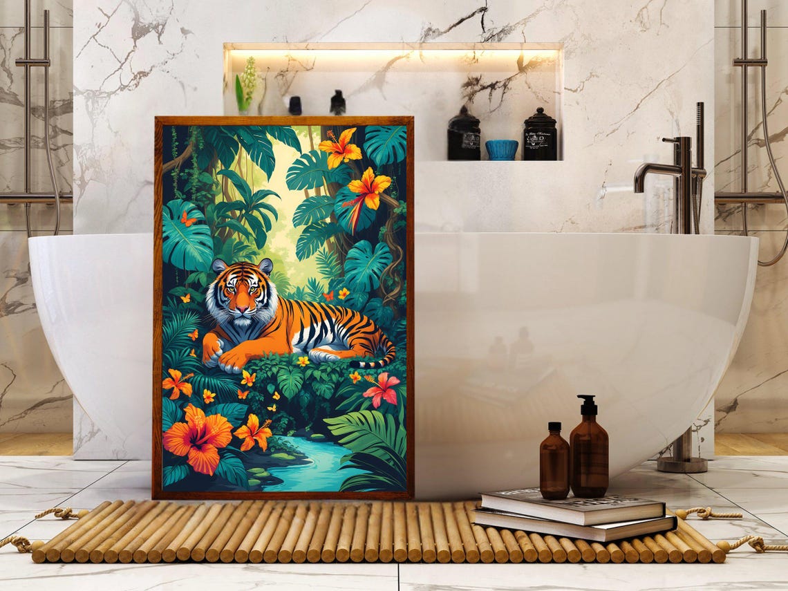 Majestic Tiger Resting In Lush Tropical Jungle Hibiscus Poster - Image 5