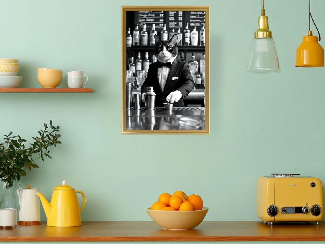 Cat Bartender in a Tuxedo Mixing Drinks Funny Animal Kitchen Poster - Image 3