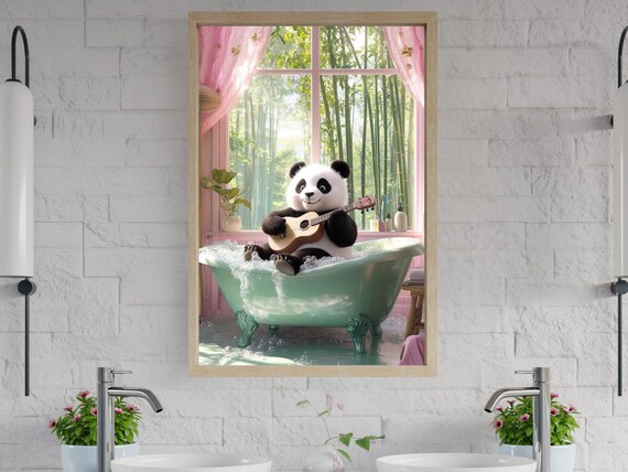 Smiling Panda Playing Ukulele in a Bubbling Green Bathtub Poster