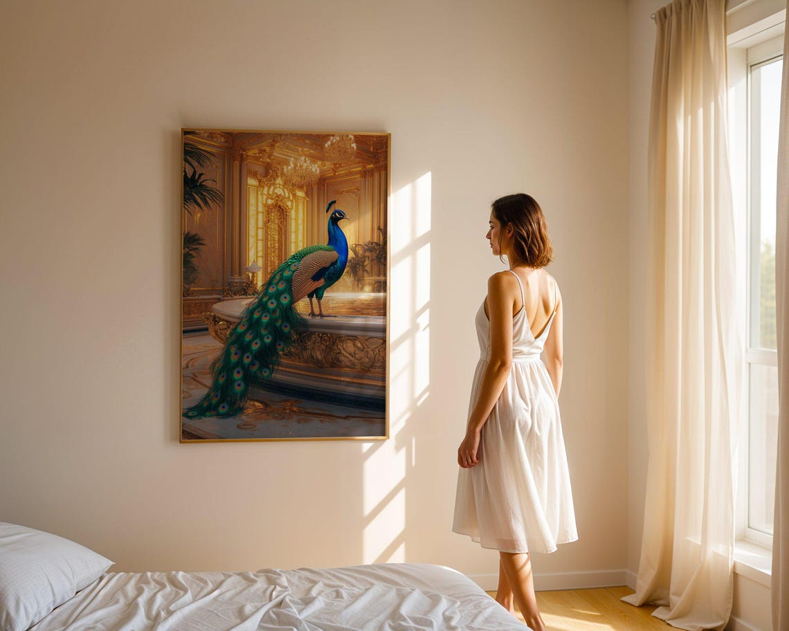 Majestic Peacock Perched in a Golden Palace Hall Elegant Art Poster - Image 3