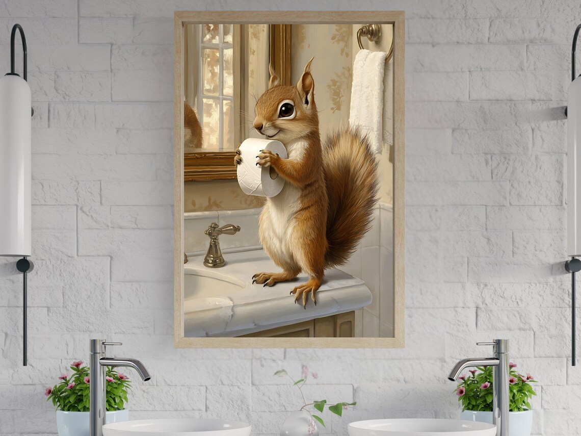 Cheerful Squirrel Holding a Toilet Paper Roll on a Bathroom Sink Poster