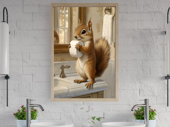 Cheerful Squirrel Holding a Toilet Paper Roll on a Bathroom Sink Poster