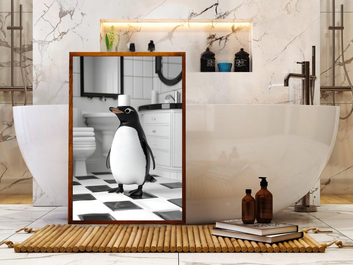 Penguin In Checkered Bathroom Black And White Funny Animal Poster - Image 5