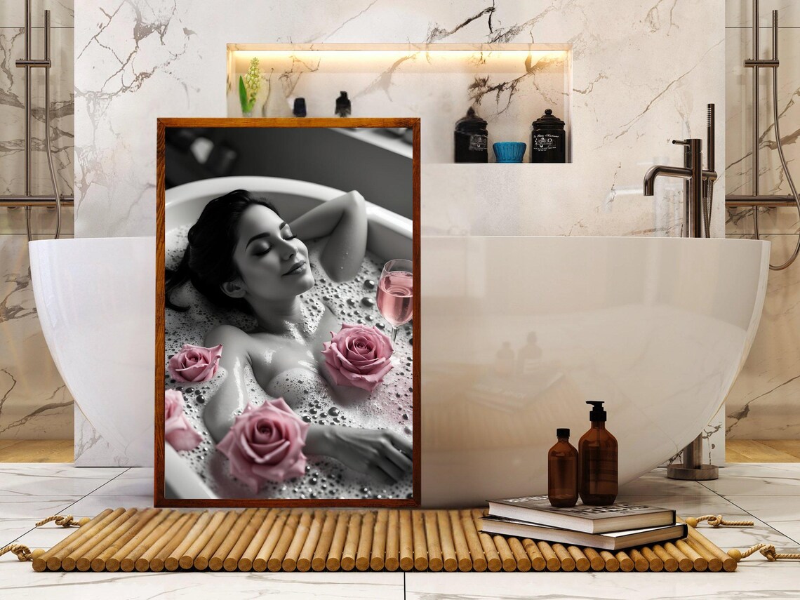 Relaxed Woman In Bubble Bath With Pink Roses And Rose Wine Poster - Image 5