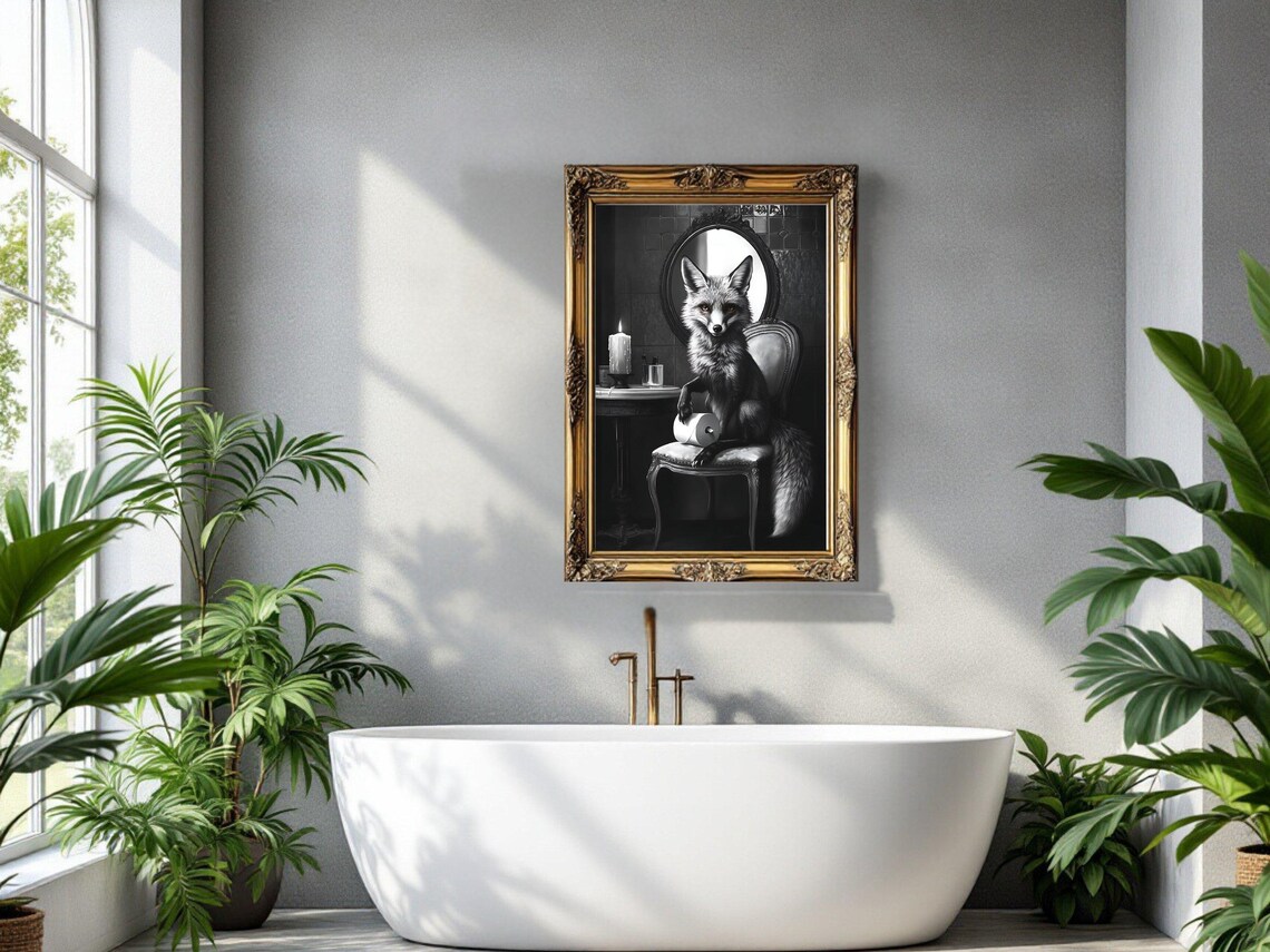 Fox Sitting on an Elegant Chair Holding Toilet Paper in a Dark Room Poster - Image 3