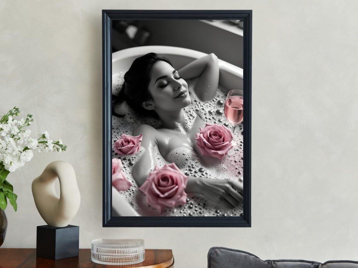 Relaxed Woman In Bubble Bath With Pink Roses And Rose Wine Poster - Image 4