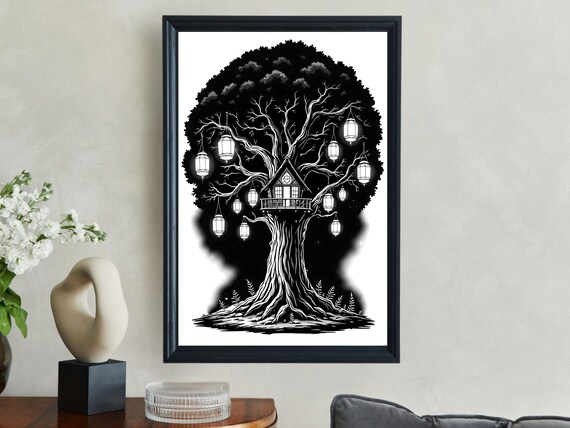 Enchanting Treehouse With Lanterns Wall Art Mystical Black And White Tree Illustration Print Nature Inspired Bohemian Decor