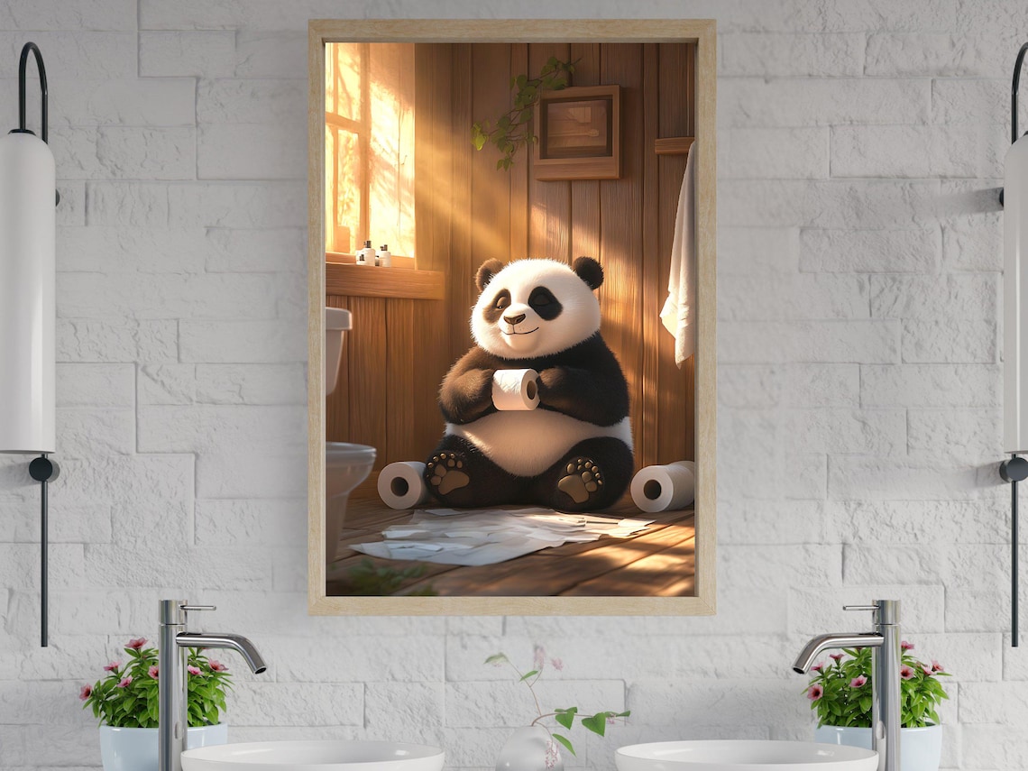 Smiling Panda Sitting on the Bathroom Floor Hugging Toilet Paper Poster