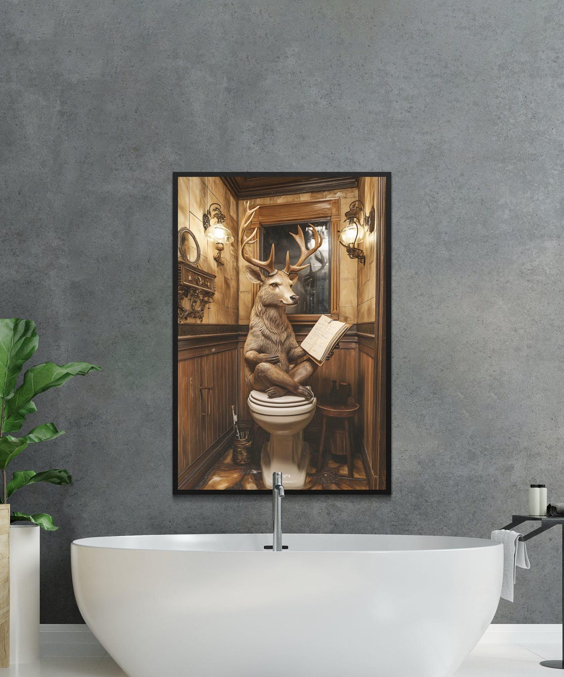 Stag Deer Reading a Book While Sitting on a Vintage Toilet Poster - Image 2