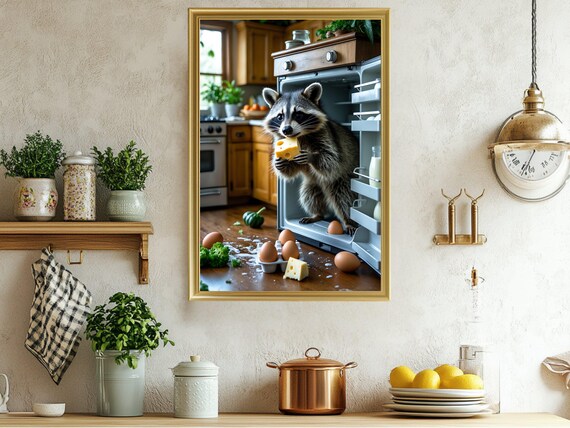 Mischievous Raccoon Raiding the Kitchen Fridge with Cheese Poster