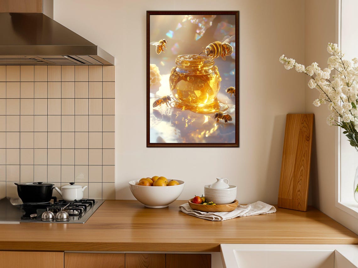 Golden Honey Jar with Honeybees Dreamy Nature Kitchen Wall Art - Image 4