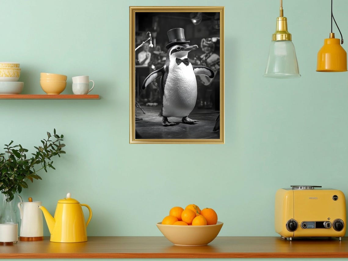 Dapper Penguin in Top Hat and Bow Tie Black and White Poster - Image 3