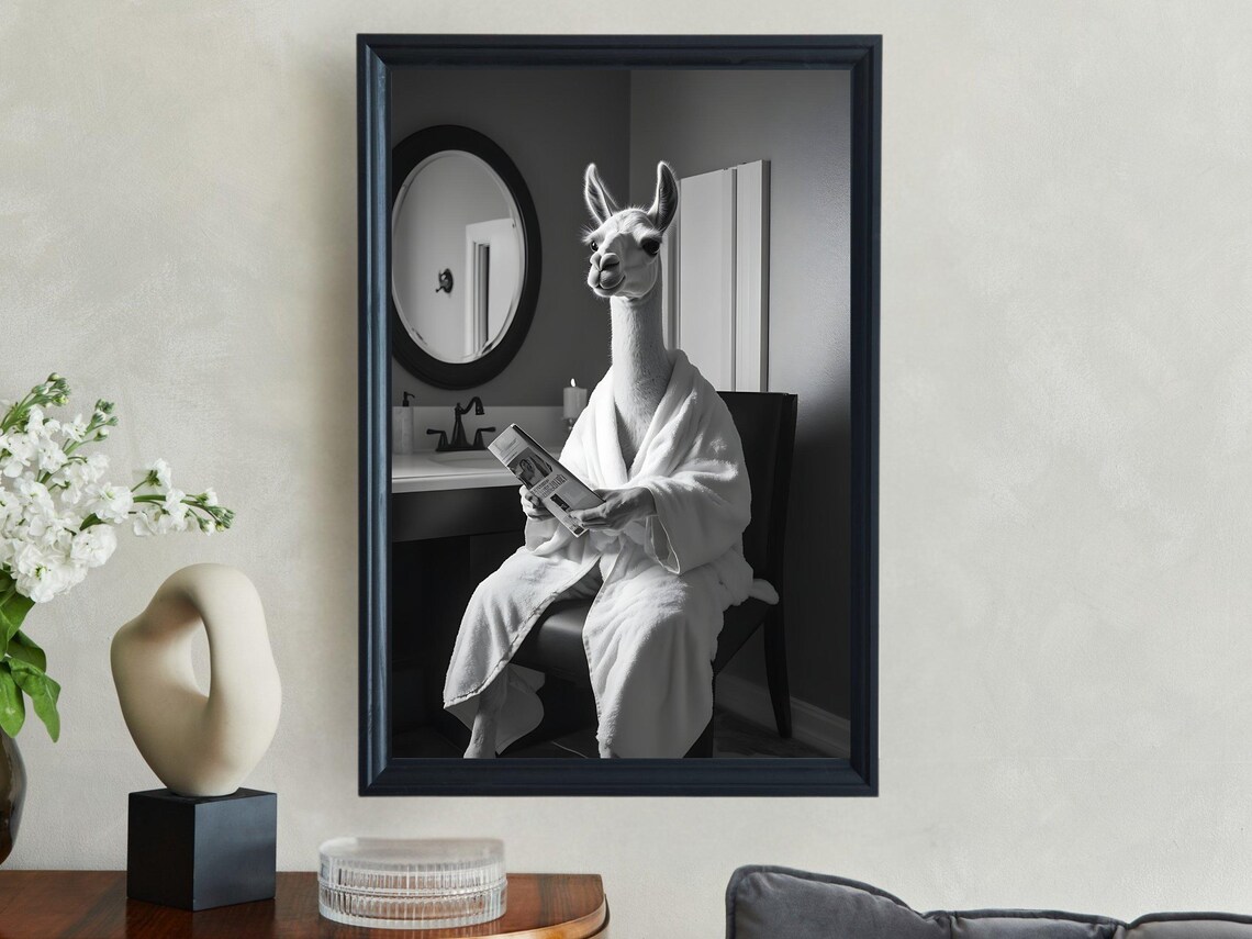 Llama In White Bathrobe Reading Newspaper Black And White Animal Poster - Image 2