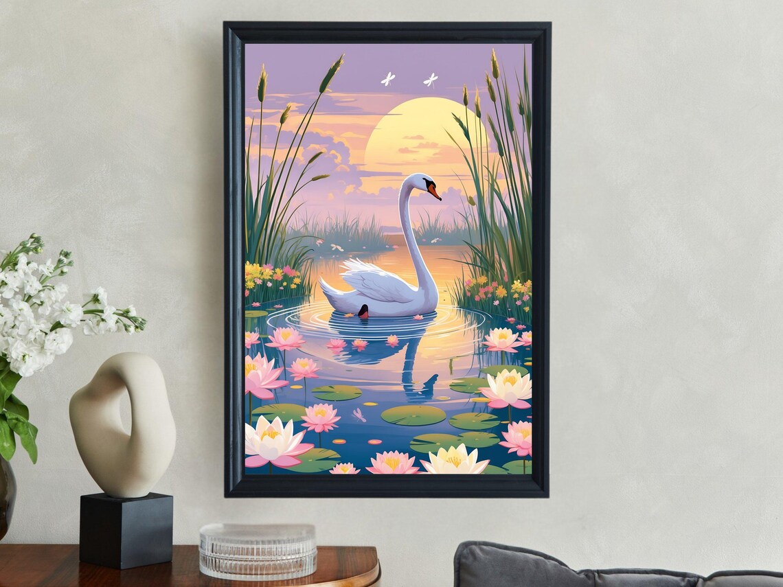 White Swan Swimming At Sunset Among Pink Water Lilies And Reeds Poster
