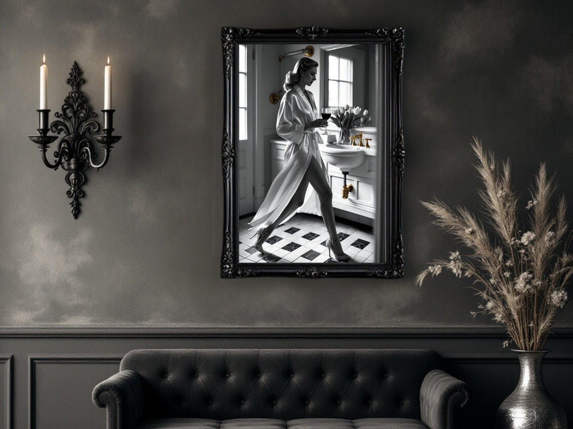 Woman in Silk Robe with Wine Glass in Vintage Bathroom Poster - Image 4