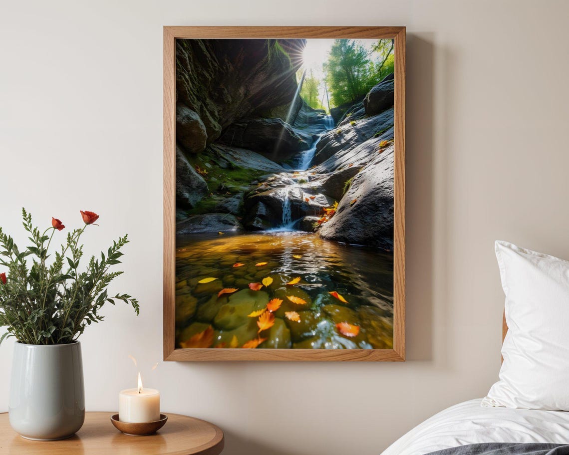 Forest Waterfall With Autumn Leaves Floating in Sunbeams Poster