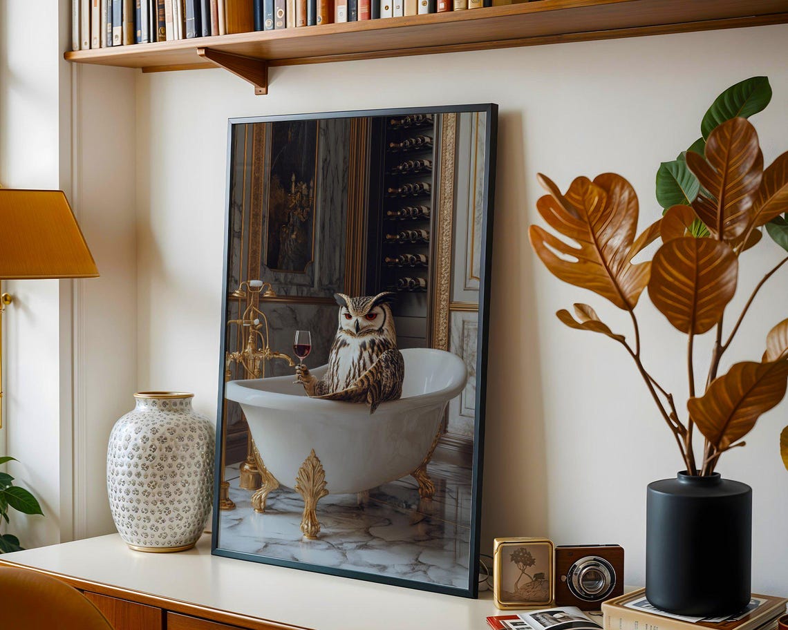 Sophisticated Owl Relaxing with Wine in a Golden Bathtub Poster - Image 4