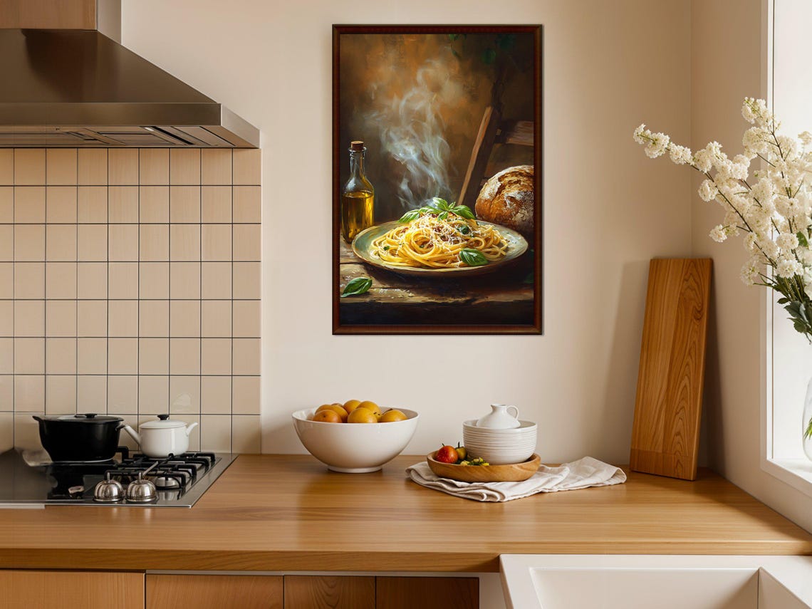 Steaming Spaghetti with Fresh Basil Rustic Italian Kitchen Poster - Image 3