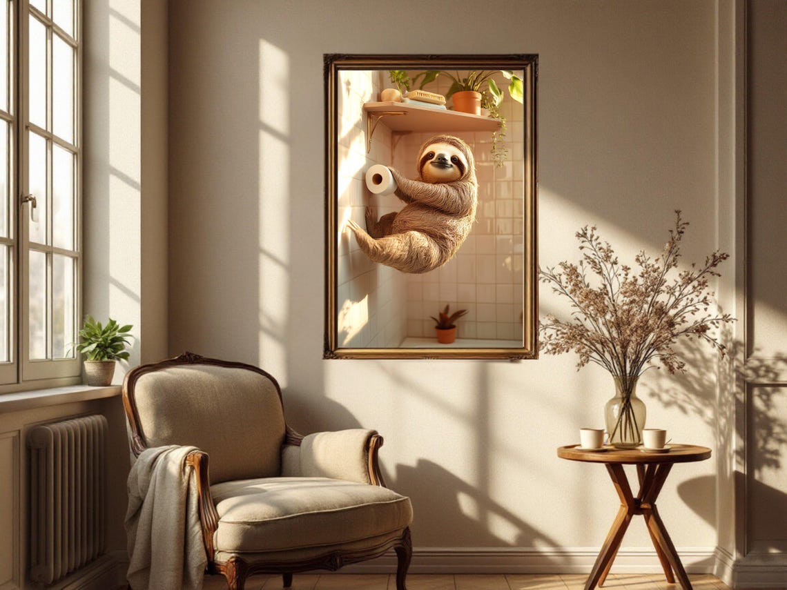 Lazy Sloth Hanging on the Bathroom Wall Holding Toilet Paper Poster - Image 4