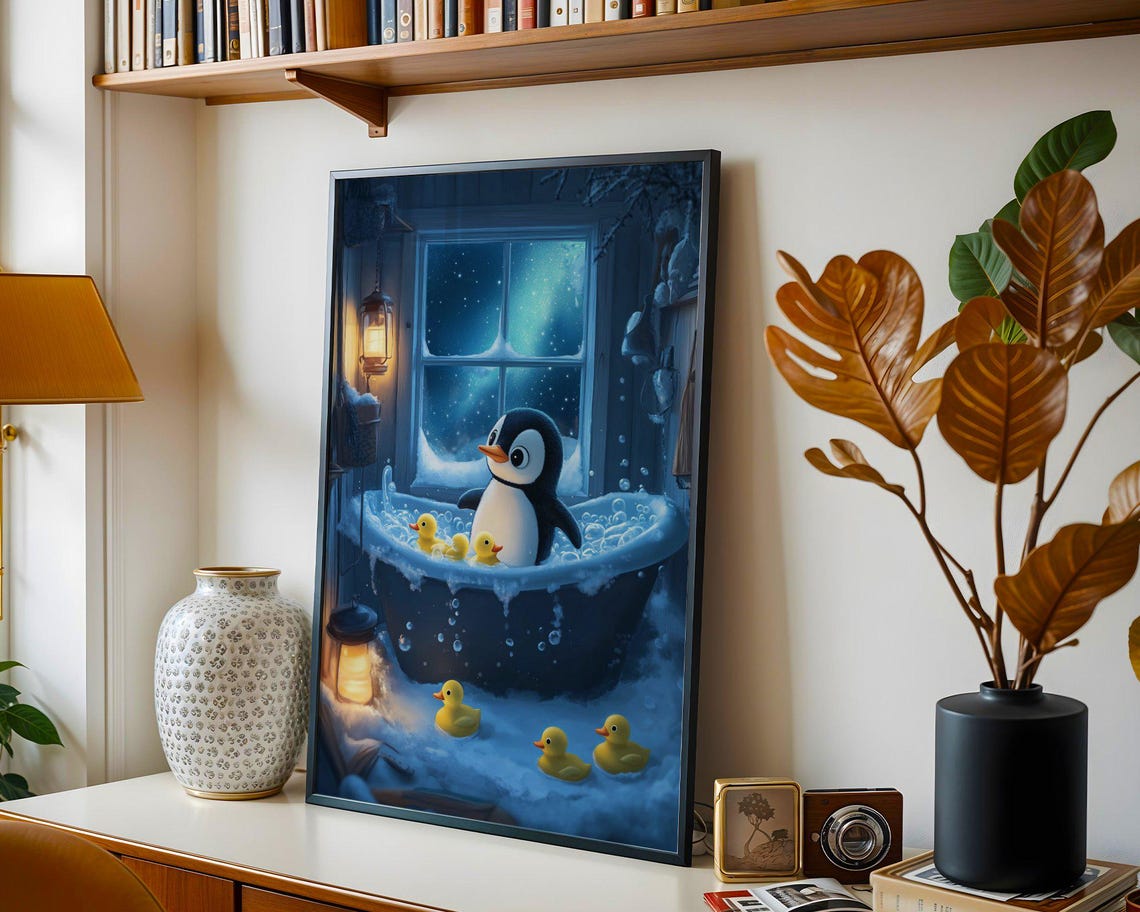Penguin in Bubble Bath With Rubber Ducks Snowy Window Poster - Image 4