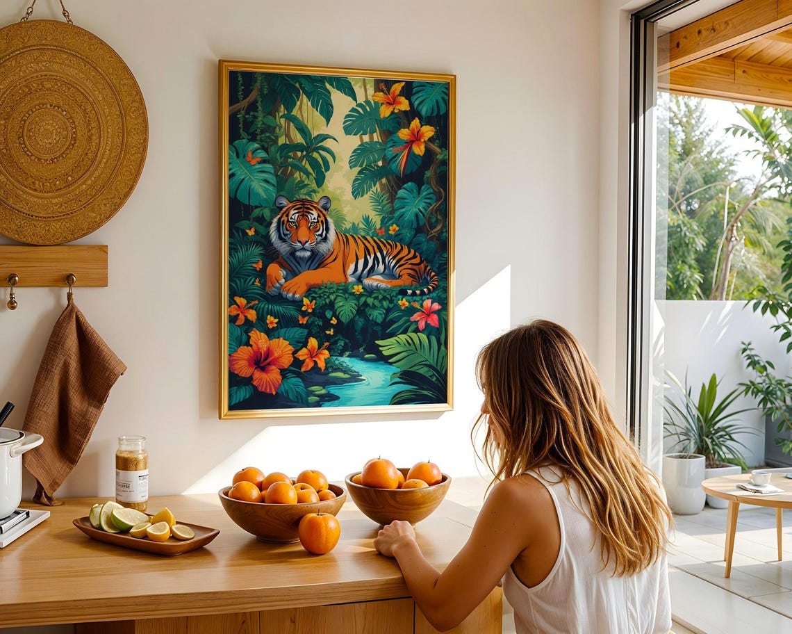 Majestic Tiger Resting In Lush Tropical Jungle Hibiscus Poster - Image 2