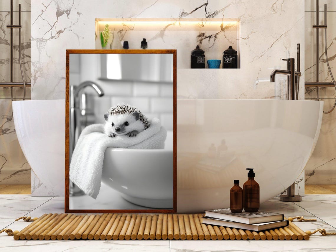 Hedgehog Peeking Over a White Towel Draped on a Sink Basin Poster - Image 5