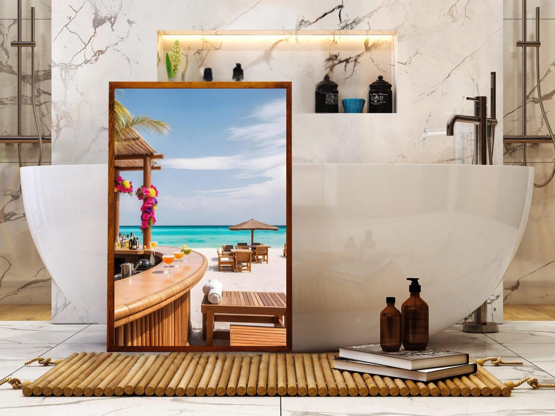 Tropical Beach Bar With Cocktails on White Sand Ocean Poster - Image 2
