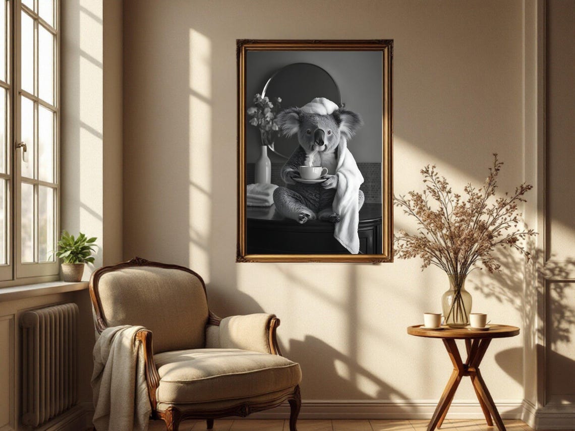 Koala Wrapped In Towel Drinking Coffee Black And White Poster - Image 4