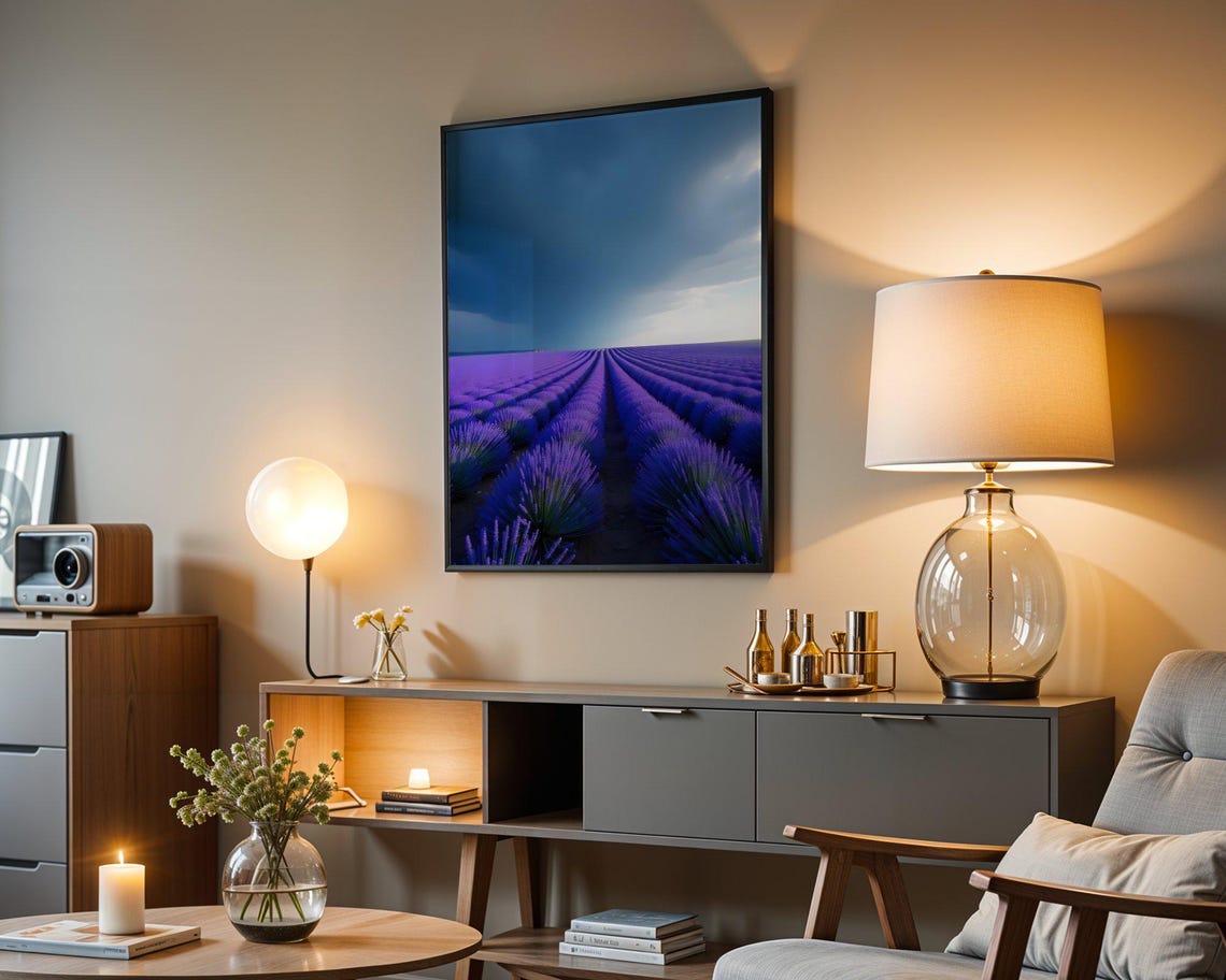 Endless Lavender Field Rows Under a Dramatic Stormy Sky Poster - Image 5