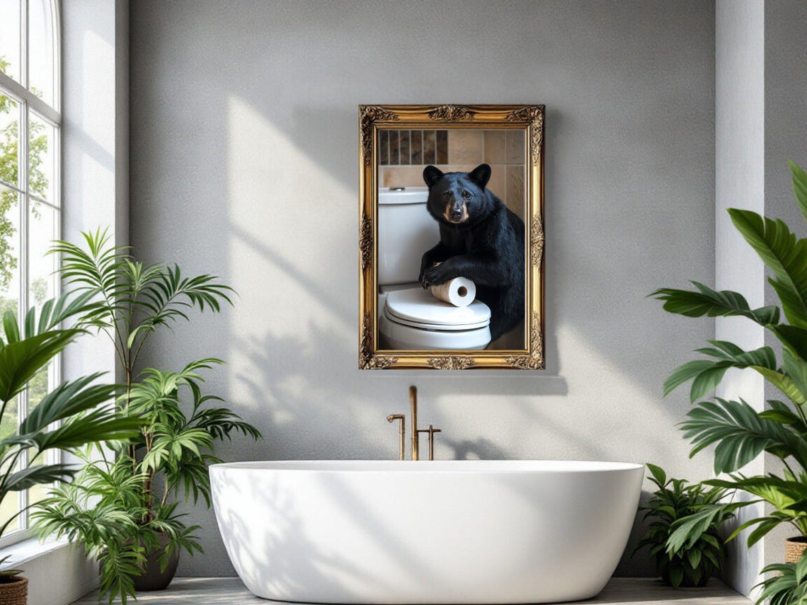 Black Bear Leaning on a Toilet With a Roll of Toilet Paper Poster - Image 3