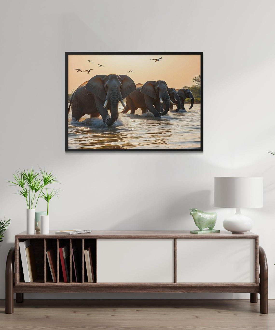 Elephants Wading Through a River at Golden Sunset with Birds Poster - Image 3