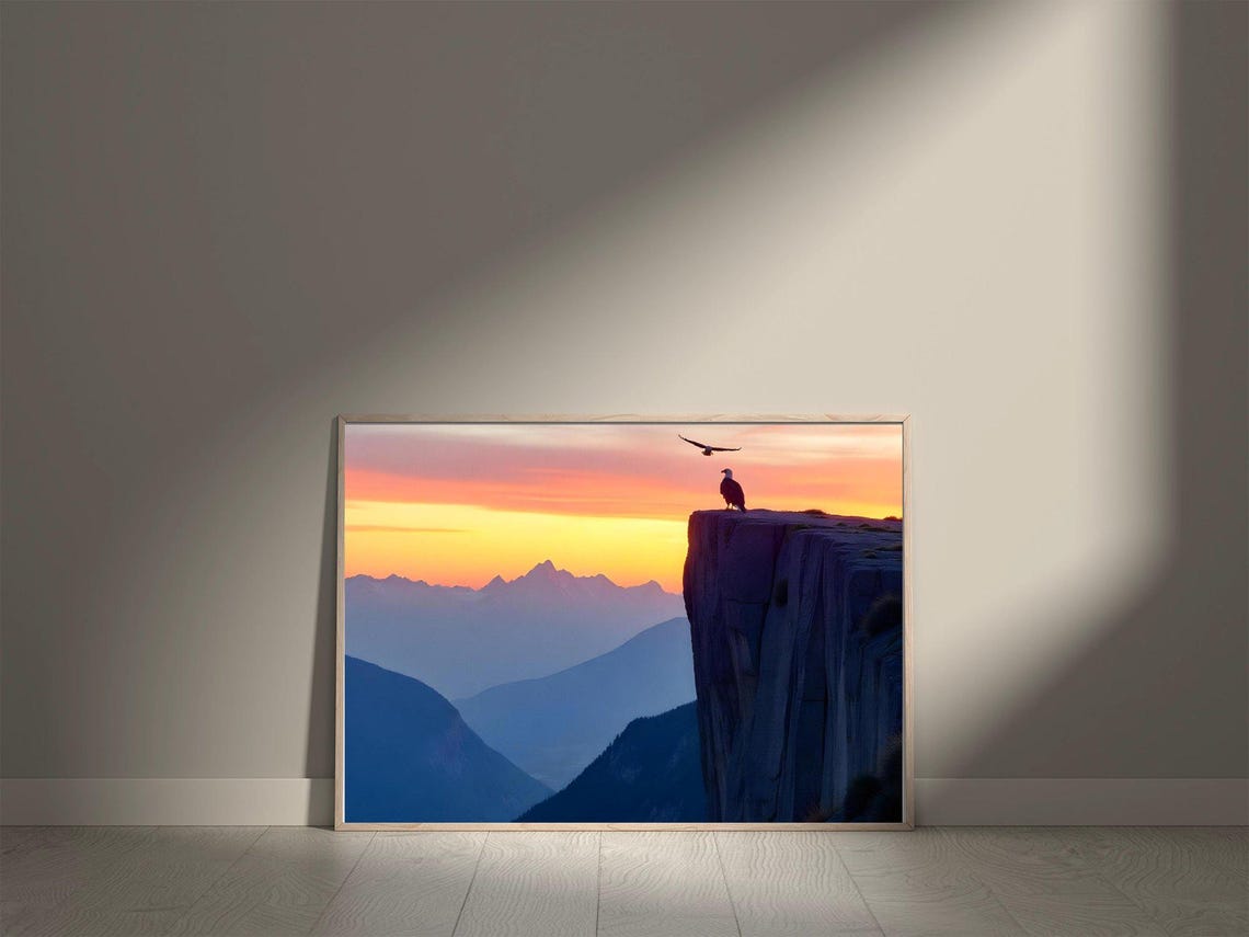 Bald Eagle on a Rocky Cliff Edge Silhouette at Sunset Mountains Poster - Image 5